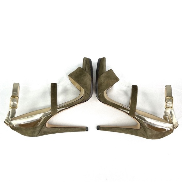 Jimmy Choo Suede Heeled Sandals Strappy Metallic Green Ankle Strap Platform 39.5 - Picture 6 of 9